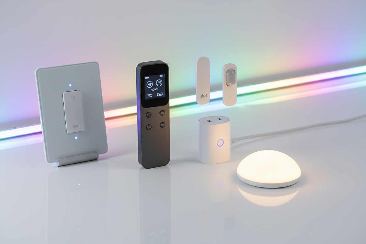 an image representing a smart universal IR remote, smart plug, smart WiFi door and window sensor, motion sensor LED night light, smart WiFi touch light switch, and LED strip light